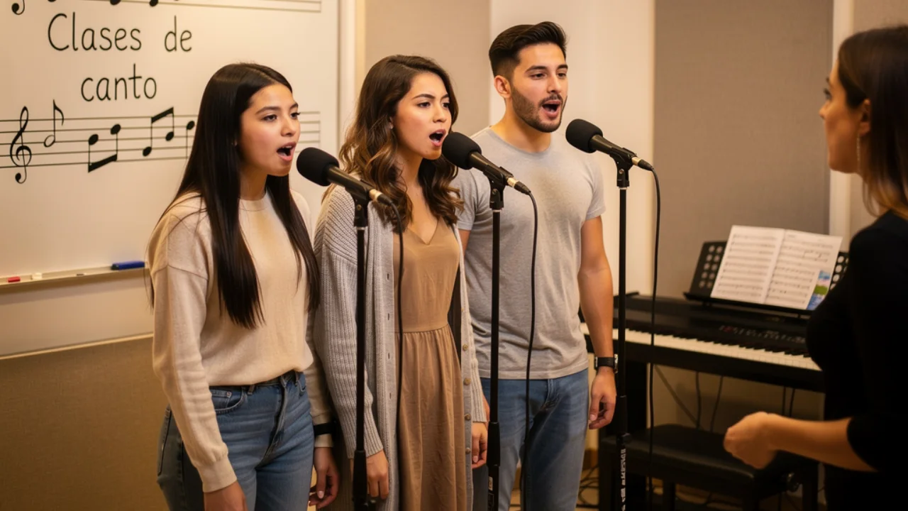 Clases de canto para adultos en Madrid Dos mujeres y un hombre participando en clases de canto para adultos en Madrid