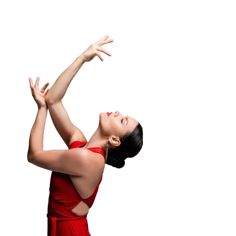 Bailarina alumna de medio cuerpo realizando una pose de danza contemporánea con las manos y la cabeza hacia arriba en Factory Ballet, Madrid