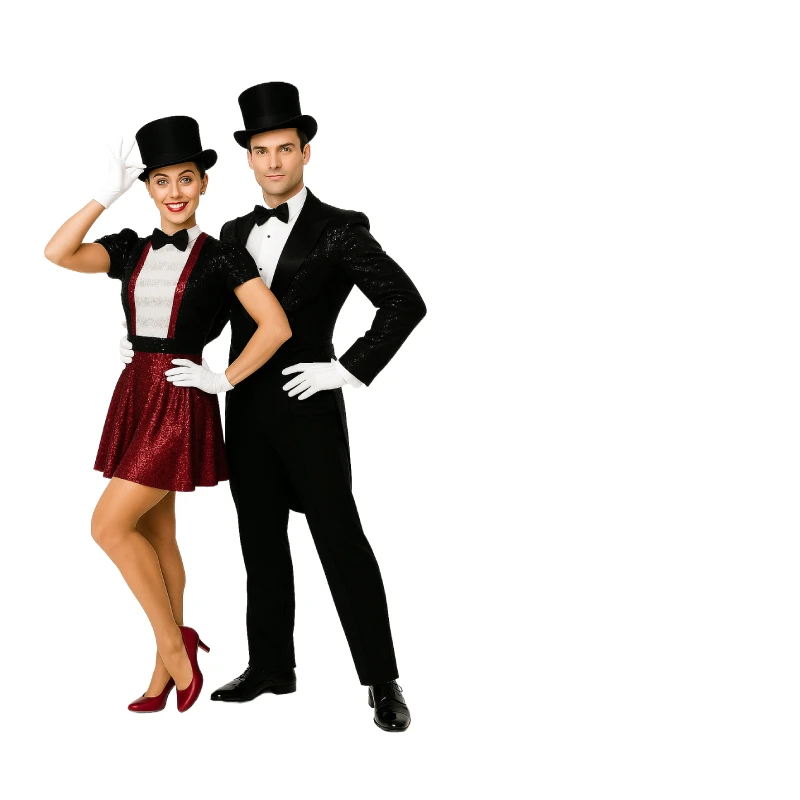 Dos bailarines de nivel avanzado en pose teatral con vestuario de musical en Factory Ballet, Madrid Centro